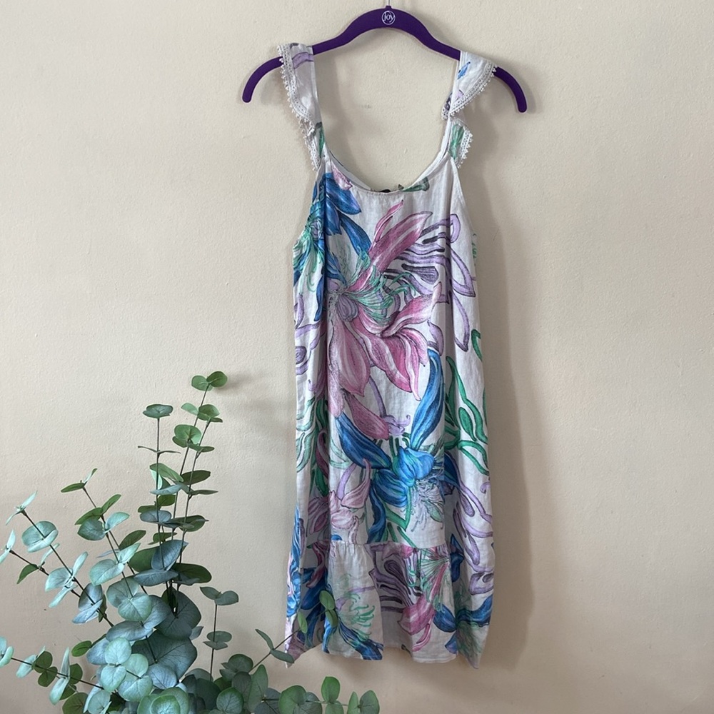 Luisa Perla Made In Italy 100% Linen Floral Ruffle Strap Sundress NWT Small Cute